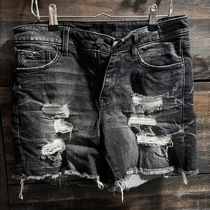 Buckle Distressed Black Jean Shorts